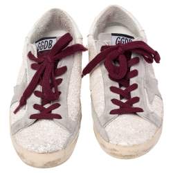 Golden Goose Vanilla/Grey Glitter and Suede Superstar Low Top Sneaker Size 36