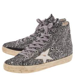 Golden Goose Silver Glitter Fabric And Leather High Top Francy Sneakers Size 38