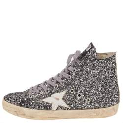 Golden Goose Silver Glitter Fabric And Leather High Top Francy Sneakers Size 38