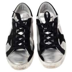Pre Owned Golden Goose Silver/Black Glossy Leather and Suede Superstar Sneakers Size 39