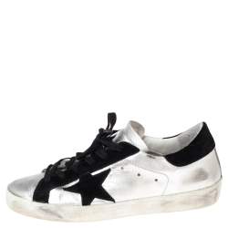 Pre Owned Golden Goose Silver/Black Glossy Leather and Suede Superstar Sneakers Size 39