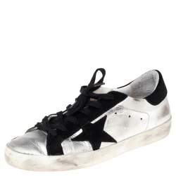 Pre Owned Golden Goose Silver/Black Glossy Leather and Suede Superstar Sneakers Size 39