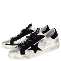 Pre Owned Golden Goose Silver/Black Glossy Leather and Suede Superstar Sneakers Size 39