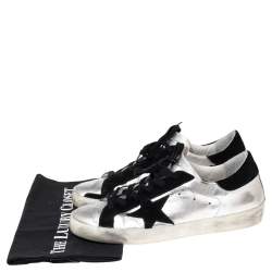 Pre Owned Golden Goose Silver/Black Glossy Leather and Suede Superstar Sneakers Size 39
