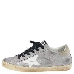 Pre Owned Golden Goose Silver/Grey Glitter And Suede Super Star Low Top Sneakers Size 39