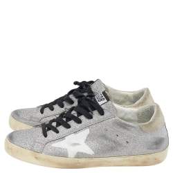 Pre Owned Golden Goose Silver/Grey Glitter And Suede Super Star Low Top Sneakers Size 39