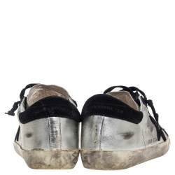 Pre Owned Golden Goose Silver/Black Leather And Suede Superstar Low-Top Sneakers Size 38