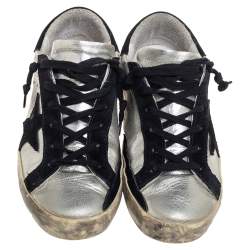 Pre Owned Golden Goose Silver/Black Leather And Suede Superstar Low-Top Sneakers Size 38