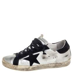 Pre Owned Golden Goose Silver/Black Leather And Suede Superstar Low-Top Sneakers Size 38