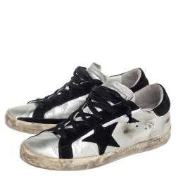 Pre Owned Golden Goose Silver/Black Leather And Suede Superstar Low-Top Sneakers Size 38