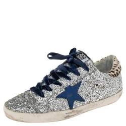 Pre Owned Golden Goose Silver/Beige Pony Hair And Glitter Superstar Sneakers Size 39