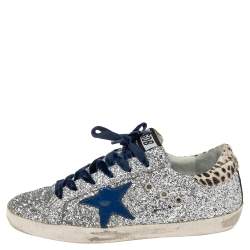 Pre Owned Golden Goose Silver/Beige Pony Hair And Glitter Superstar Sneakers Size 39