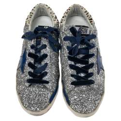 Pre Owned Golden Goose Silver/Beige Pony Hair And Glitter Superstar Sneakers Size 39