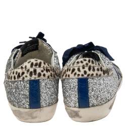 Pre Owned Golden Goose Silver/Beige Pony Hair And Glitter Superstar Sneakers Size 39