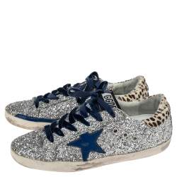 Pre Owned Golden Goose Silver/Beige Pony Hair And Glitter Superstar Sneakers Size 39