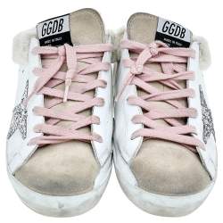 Pre Owned Golden Goose White/Beige Leather And Suede Superstar Sabot Shearling Sneakers Size 38
