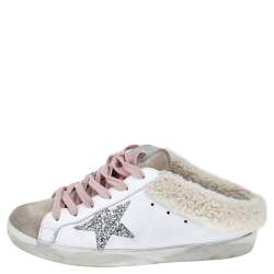 Pre Owned Golden Goose White/Beige Leather And Suede Superstar Sabot Shearling Sneakers Size 38