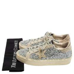 Pre Owned Golden Goose Silver/Grey Glitter And Suede Super Star Low Top Sneakers Size 38