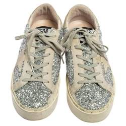 Pre Owned Golden Goose Silver/Grey Glitter And Suede Super Star Low Top Sneakers Size 38