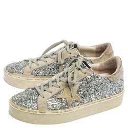Pre Owned Golden Goose Silver/Grey Glitter And Suede Super Star Low Top Sneakers Size 38
