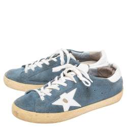 Pre Owned Golden Goose Blue/White Leather And Suede Super Star Low Top Sneakers Size 38