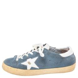 Pre Owned Golden Goose Blue/White Leather And Suede Super Star Low Top Sneakers Size 38