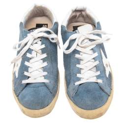 Pre Owned Golden Goose Blue/White Leather And Suede Super Star Low Top Sneakers Size 38