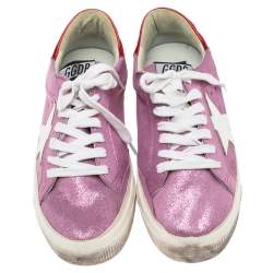 Pre Owned Golden Goose Pink/Red Leather And Suede Super Star Low Top Sneakers Size 38