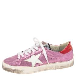 Pre Owned Golden Goose Pink/Red Leather And Suede Super Star Low Top Sneakers Size 38