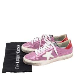 Pre Owned Golden Goose Pink/Red Leather And Suede Super Star Low Top Sneakers Size 38