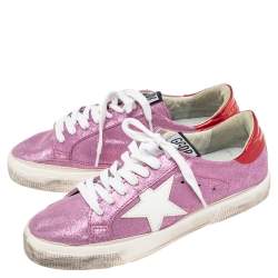 Pre Owned Golden Goose Pink/Red Leather And Suede Super Star Low Top Sneakers Size 38