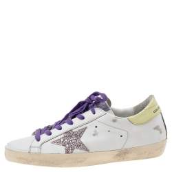 Pre Owned Golden Goose White Leather Superstar Glitter Embellished Low Top Sneakers Size 38