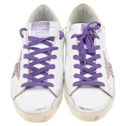 Pre Owned Golden Goose White Leather Superstar Glitter Embellished Low Top Sneakers Size 38