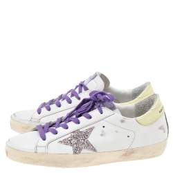 Pre Owned Golden Goose White Leather Superstar Glitter Embellished Low Top Sneakers Size 38