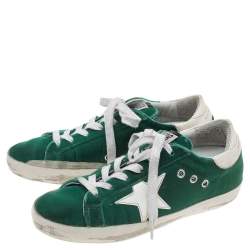 Pre Owned Golden Goose Green/White Velvet And Leather Super Star Low Top Sneakers Size 36