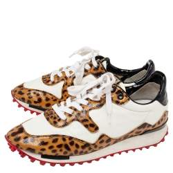 Pre Owned Golden Goose White/Brown Nylon and Animal Print Patent Leather Low-Top Sneakers Size 39