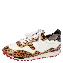 Pre Owned Golden Goose White/Brown Nylon and Animal Print Patent Leather Low-Top Sneakers Size 39