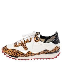 Pre Owned Golden Goose White/Brown Nylon and Animal Print Patent Leather Low-Top Sneakers Size 39