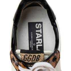 Pre Owned Golden Goose White/Brown Nylon and Animal Print Patent Leather Low-Top Sneakers Size 39