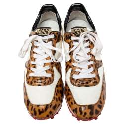 Pre Owned Golden Goose White/Brown Nylon and Animal Print Patent Leather Low-Top Sneakers Size 39