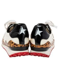 Pre Owned Golden Goose White/Brown Nylon and Animal Print Patent Leather Low-Top Sneakers Size 39