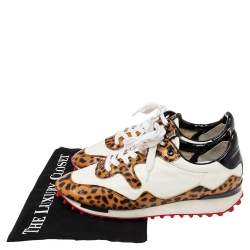 Pre Owned Golden Goose White/Brown Nylon and Animal Print Patent Leather Low-Top Sneakers Size 39