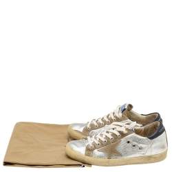 Pre Owned Golden Goose Metallic Silver Leather And Suede Archive Low Top Sneakers Size 36
