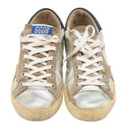 Pre Owned Golden Goose Metallic Silver Leather And Suede Archive Low Top Sneakers Size 36