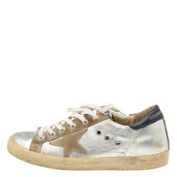 Pre Owned Golden Goose Metallic Silver Leather And Suede Archive Low Top Sneakers Size 36