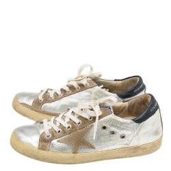 Pre Owned Golden Goose Metallic Silver Leather And Suede Archive Low Top Sneakers Size 36