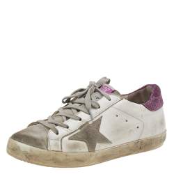 Golden Goose White/Pink Leather And Suede Super Star Low Top Sneakers Size 36