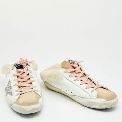 Pre Owned Golden Goose White/Beige Leather And Suede Superstar Sabot Shearling Sneakers Size 39