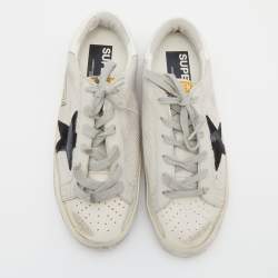 Pre Owned Golden Goose Off White/Grey Woven Fabric And Leather Superstar Sneakers Size 38