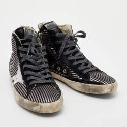 Pre Owned Golden Goose Black/Metallic Stripe Suede Francy High Top Sneakers Size 38